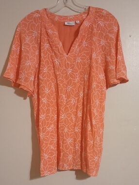 Kim Rogers Orange Floral V-Neck Tunic Top V Neck Collar Floral LineArt  Size XL